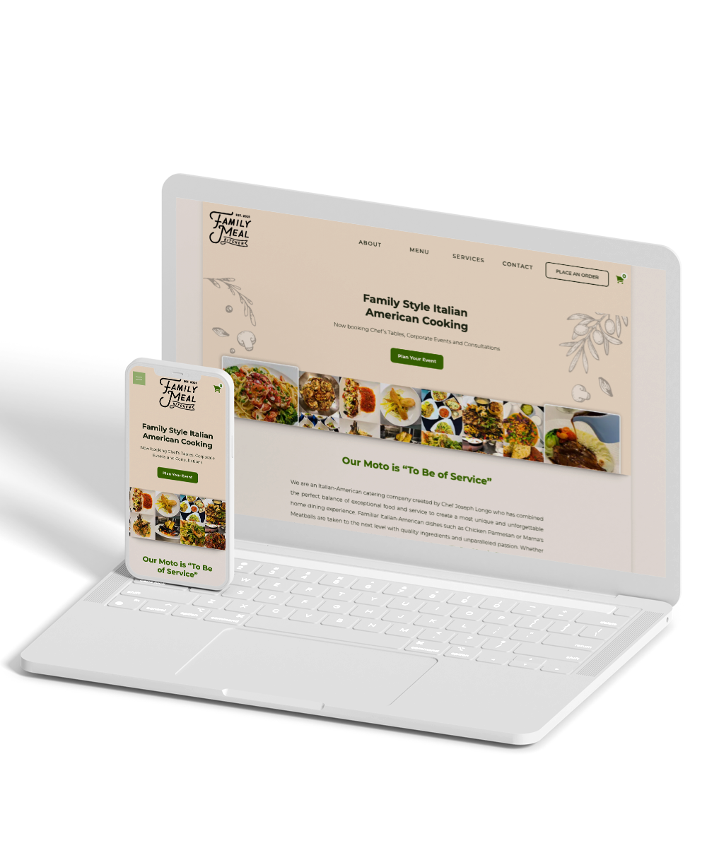 computer and phone mockup for the Family Meal Kitchen website