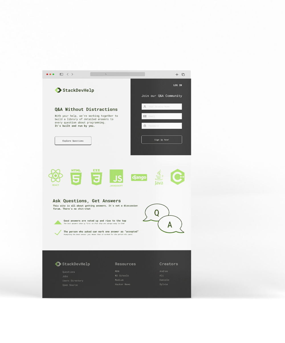 web browser mockup for the StackDevHelp home page